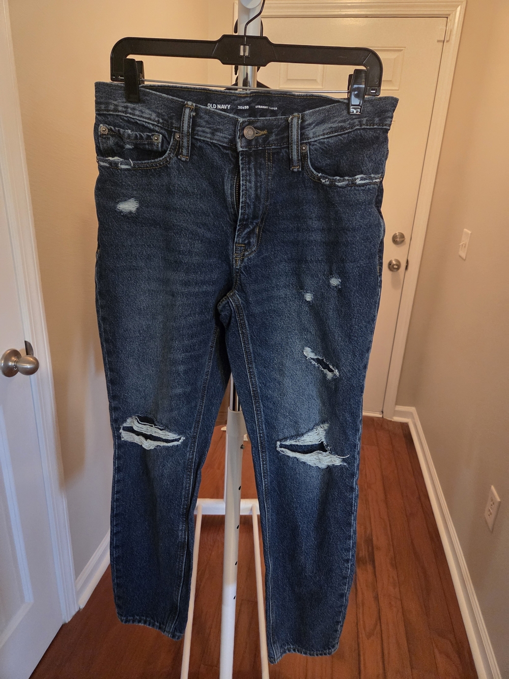Old Navy Men's Dark Blue Distressed Slim Straight Jeans